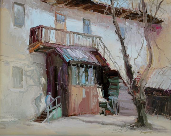 Painting titled "Užupio kiemas" by Vytautas Butas, Original Artwork, Oil