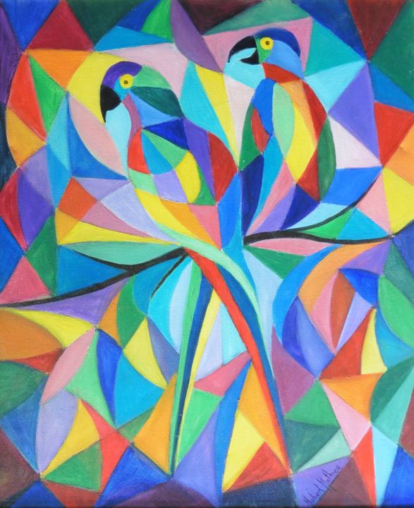 Painting titled "Quadrichromie d'aras" by Hubert Mathieu, Original Artwork, Oil