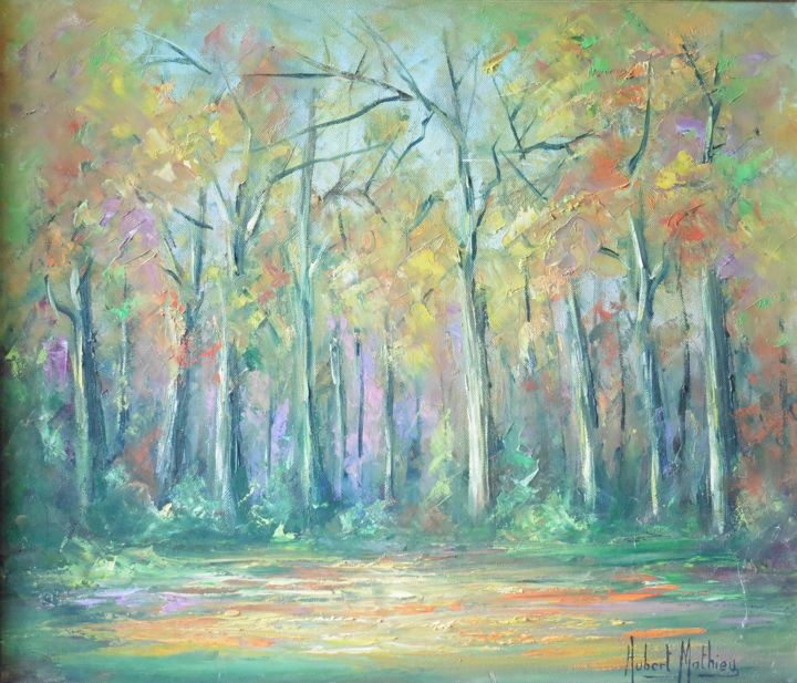 Painting titled "Automne en Forêt" by Hubert Mathieu, Original Artwork, Oil