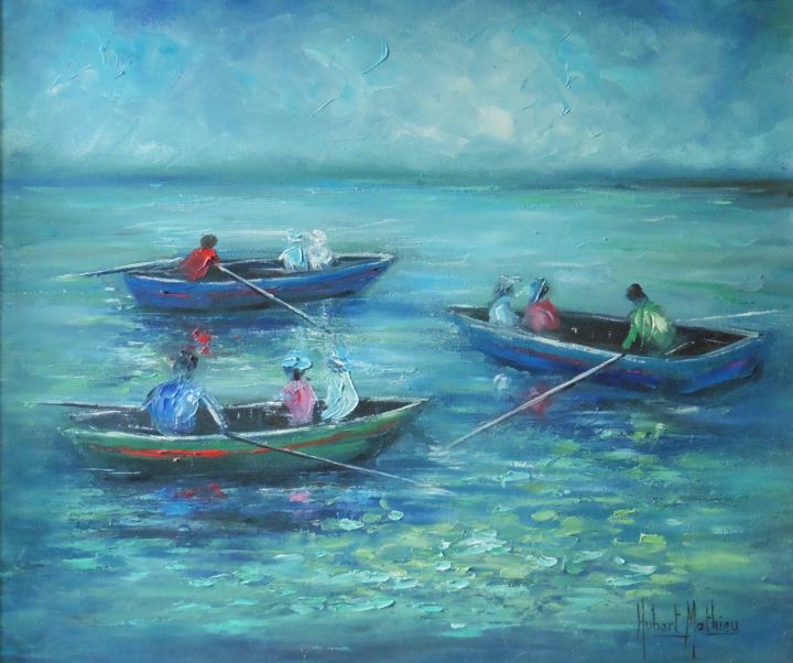 Painting titled "Promenade en Barque" by Hubert Mathieu, Original Artwork, Oil