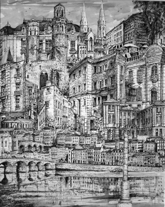 图画 标题为“Mâcon” 由Koen De Weerdt, 原创艺术品, 墨 安装在其他刚性面板上