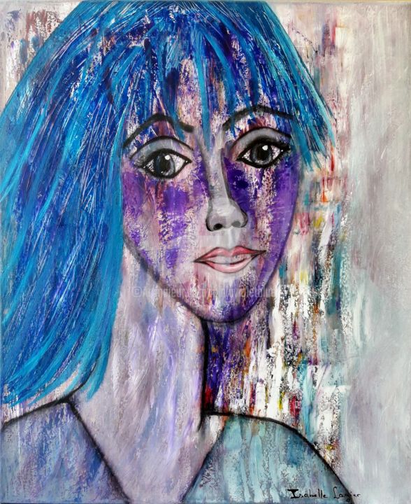 L'autoportrait aux cheveux longs bleus 绘画, 23.6x19.7 in
