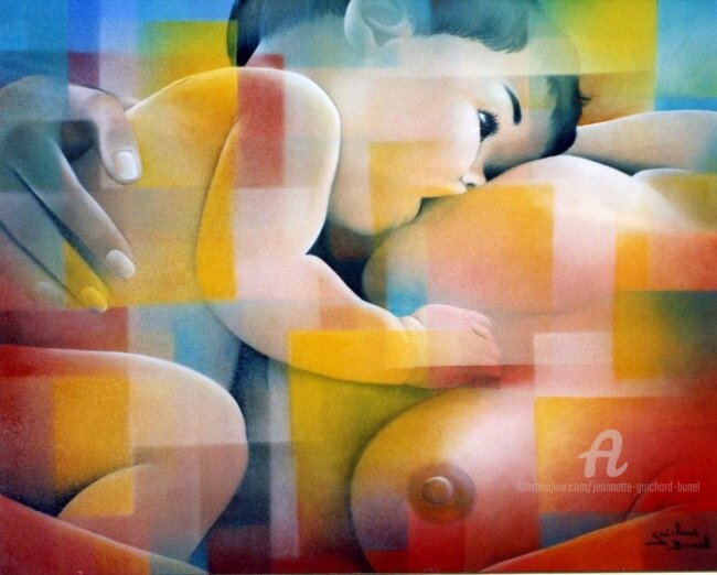 Peinture intitulée "maternité" par Jeannette Guichard-Bunel, Œuvre d'art originale, Huile