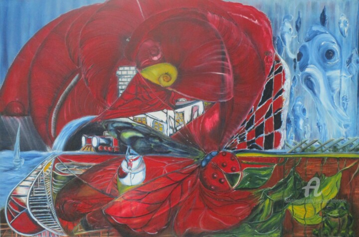 Malerei mit dem Titel "le grenouille" von Grazyna Hajewski, Original-Kunstwerk, Öl