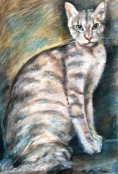 Drawing titled "Chat gris" by Nathalia Chipilova, Original Artwork, Pastel