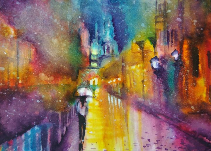 Rainy streets abstract watercolor painting 绘画