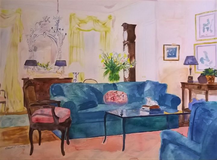 Painting titled "THE DRAWING ROOM" by David Cade, Original Artwork, Watercolor