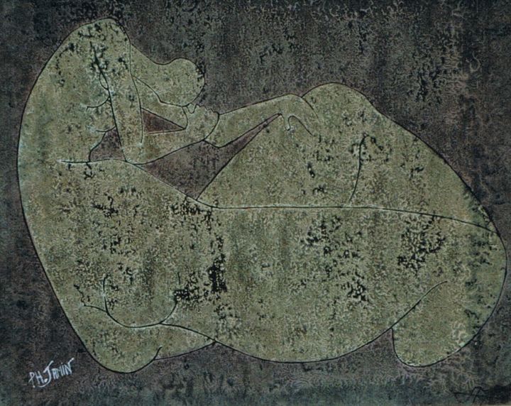 Prenten & gravures getiteld "L'odalisque III" door Philippe Jamin, Origineel Kunstwerk, Linosnede