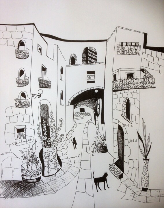 view at old city Safed 图画, 17.3x13.4 in