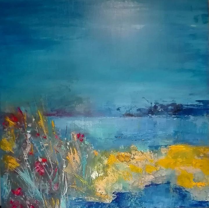 Painting titled ""Flores y mar"" by Lola Castillejo Ribera, Original Artwork, Oil