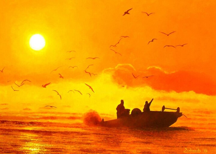 Painting titled "Beautiful Sunset Bo…" by Ahmed Zohaib, Original Artwork, Acrylic