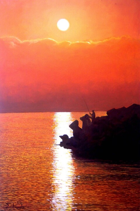 Painting titled "Fishing in Sunset" by Ahmed Zohaib, Original Artwork, Acrylic