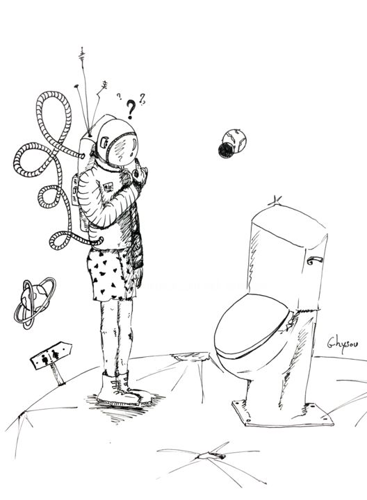 Drawing titled "cosmonaute-dans-les…" by Dominique Kuehn, Original Artwork, Ink