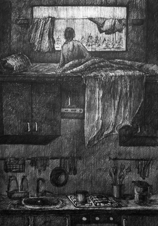 Drawing titled "плацкарт кухня" by Victoria Khabarova, Original Artwork, Ink