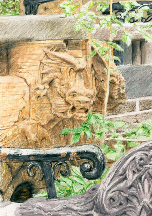 Painting titled "Gargoyle, Brooklyn…" by Jim Fischer, Original Artwork, Conté
