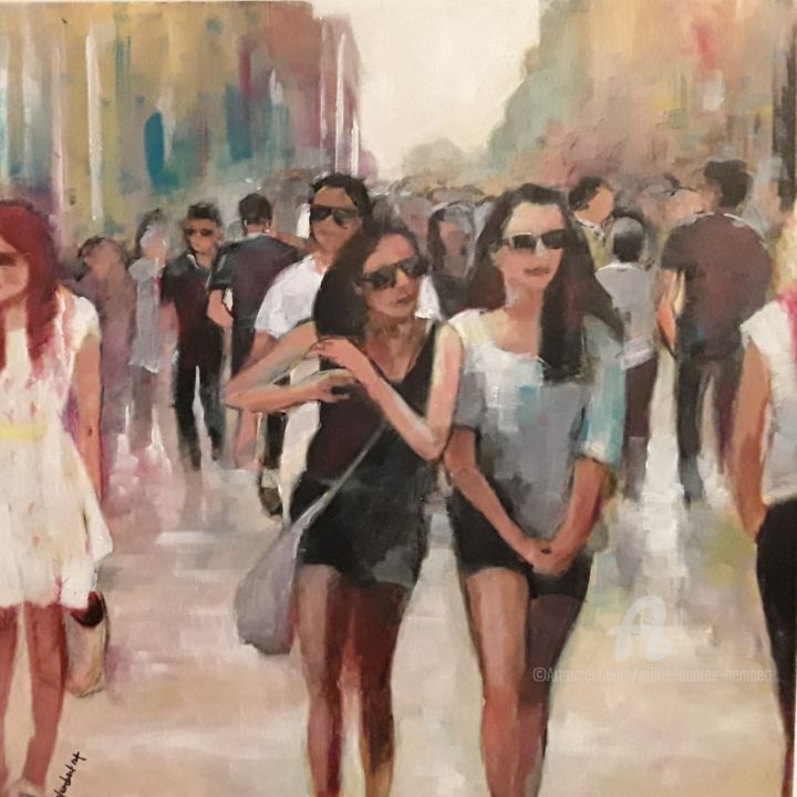 Peinture intitulée "jour de shopping" par Marie Andrée Hembert, Œuvre d'art originale, Acrylique Monté sur Châssis en bois