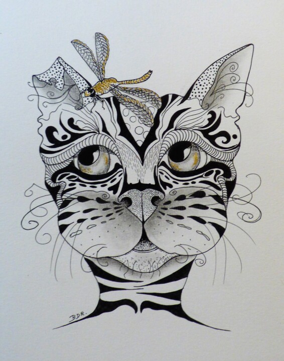 "la libellule dorée" başlıklı Resim Elisabeth Renard (B.Dumont Renard) tarafından, Orijinal sanat, Mürekkep