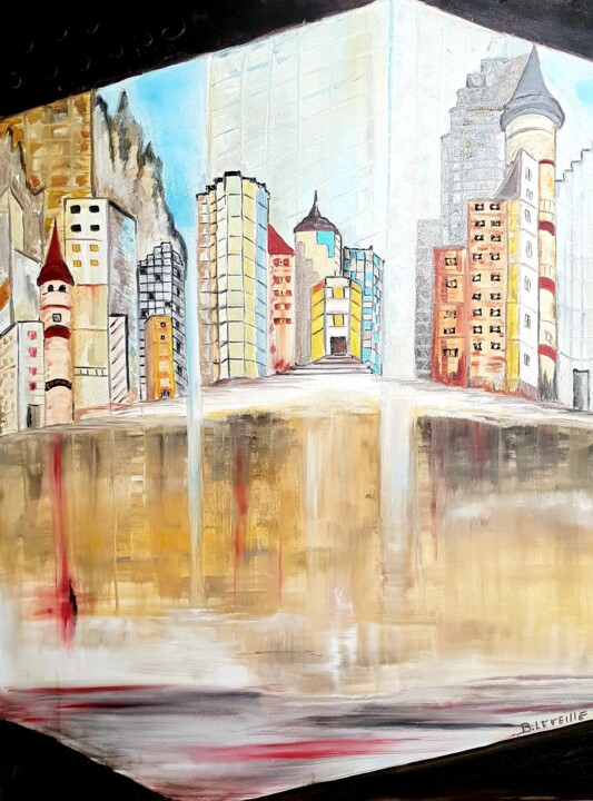 Mégapole sous la pluie 绘画, 36.6x47.2 in