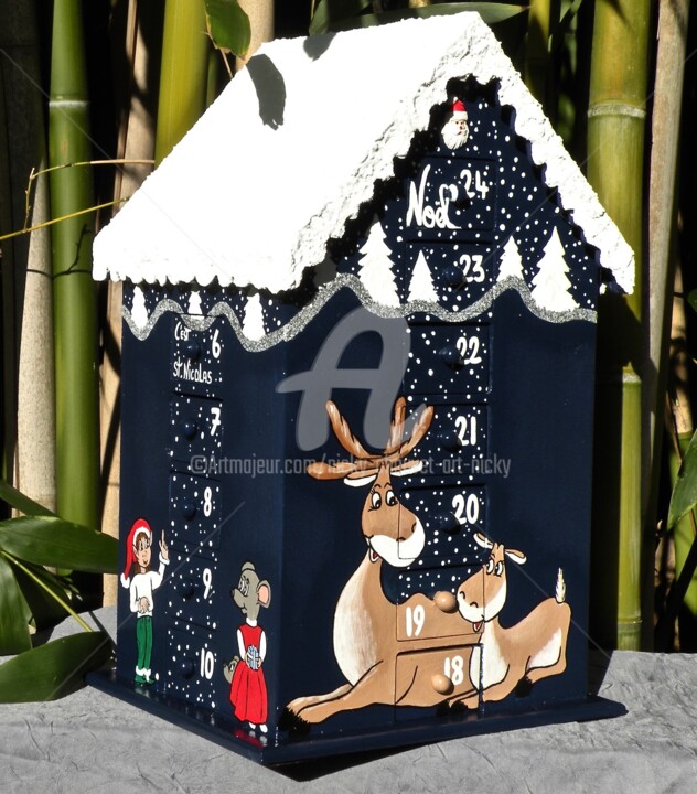 REF/108*Calendrier d'Avent Bois peint*Toit enneigé*2022*2023 设计, 12.6x8.3 in