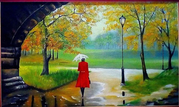 Painting titled "Umbrella girl" by R.M.Roofi, Original Artwork, Oil