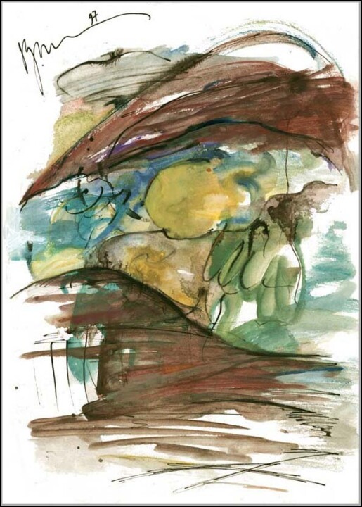 Disegno intitolato "Mountains from belo…" da Dima Dima Vil Ms Wilms (Rok Zivopisec Rock Painter), Opera d'arte originale, Go…