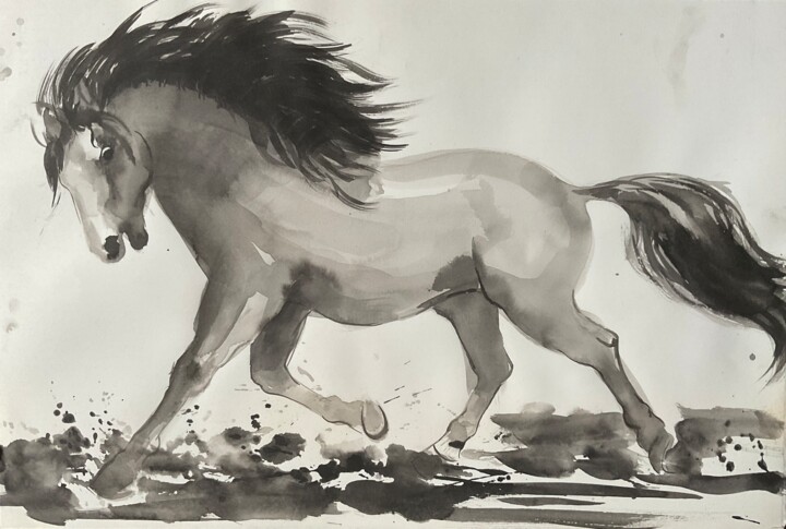 Prenten & gravures getiteld "Cheval fougueux" door Philippe Jamin, Origineel Kunstwerk, Inkt