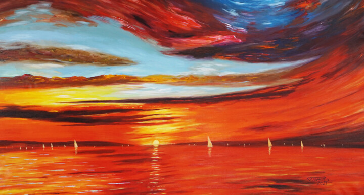 Romantic sundown Sailing L 1 绘画, 32.7x61 in
