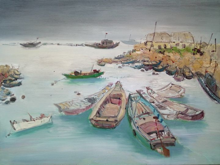 Schilderij getiteld "Mall Fishing Port" door Mengmeng Yue, Origineel Kunstwerk, Olie