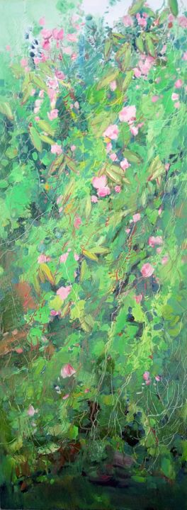 Schilderij getiteld "Hibiscus (5)" door Mengmeng Yue, Origineel Kunstwerk, Olie