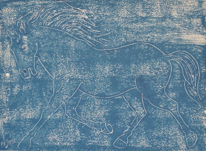Prenten & gravures getiteld "Cheval fougueux III" door Philippe Jamin, Origineel Kunstwerk, Linosnede