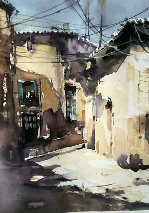 Painting titled "Cityscape-18" by Alexey Boukingolts, Original Artwork, Watercolor
