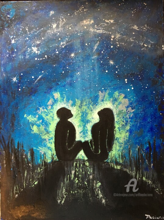 Painting titled "Similar energies" by Daciana, Original Artwork, Acrylic Mounted on Cardboard