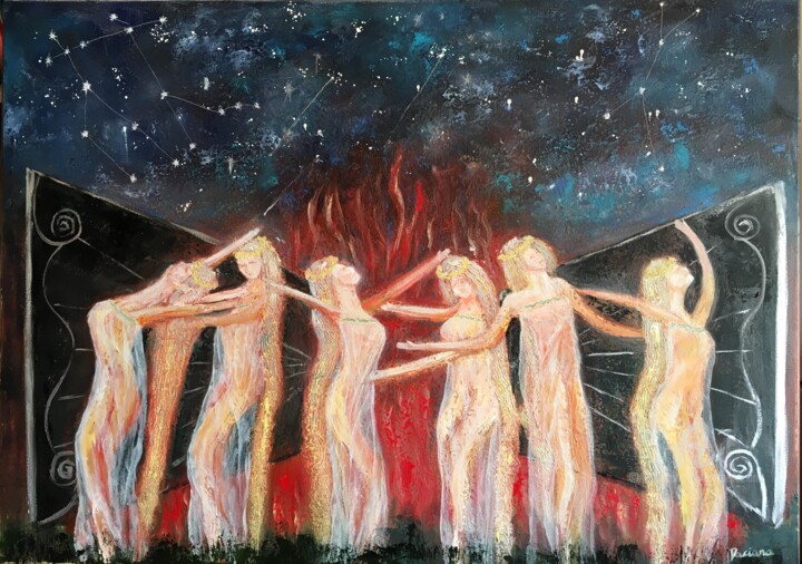 Pintura titulada "The Sanziene night" por Daciana, Obra de arte original, Oleo Montado en Bastidor de camilla de madera