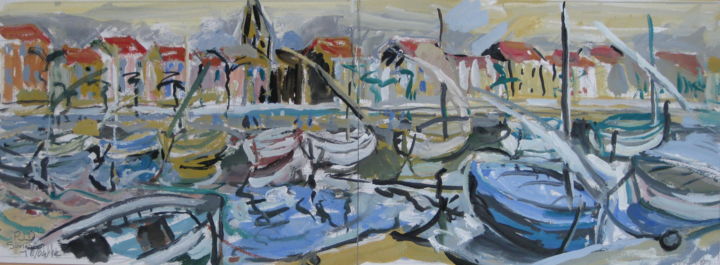Painting titled "Sanary vue d'ensemb…" by Pierre Jean Delpeuc'H, Original Artwork, Gouache