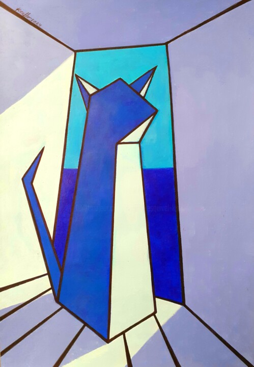 Painting titled "BLAUE KATZE IN BAMB…" by Miguel Esquivel Kuello, Original Artwork, Ink