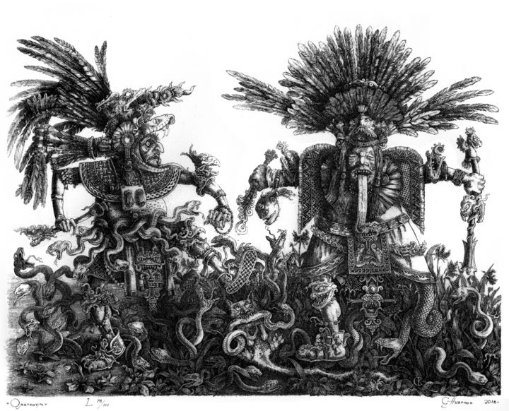 Printmaking titled "Ometeotle" by Sergey Azarnov, Original Artwork, Lithography