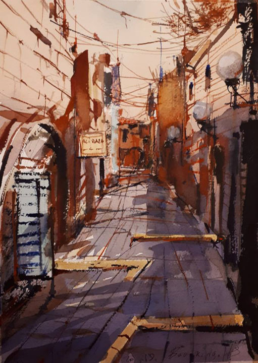 Painting titled "Cityscape-19" by Alexey Boukingolts, Original Artwork, Watercolor