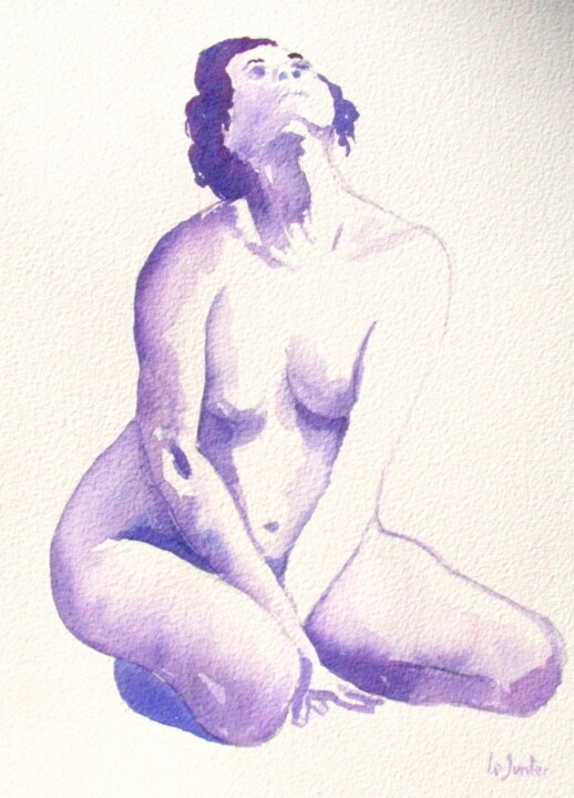 Peinture intitulée "Nu bleu  regardant…" par Jean-Noël Le Junter, Œuvre d'art originale, Aquarelle