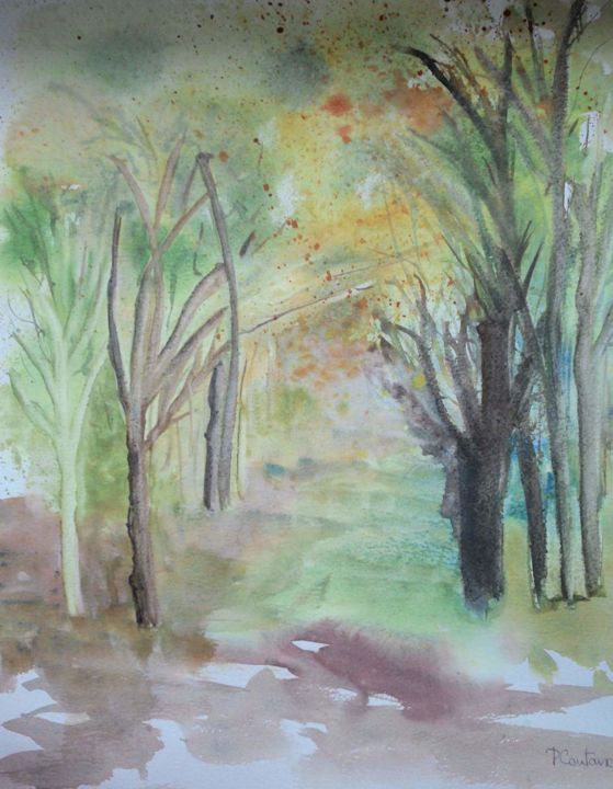 Peinture intitulée "chemin automnal" par Pascale Coutoux, Œuvre d'art originale, Aquarelle