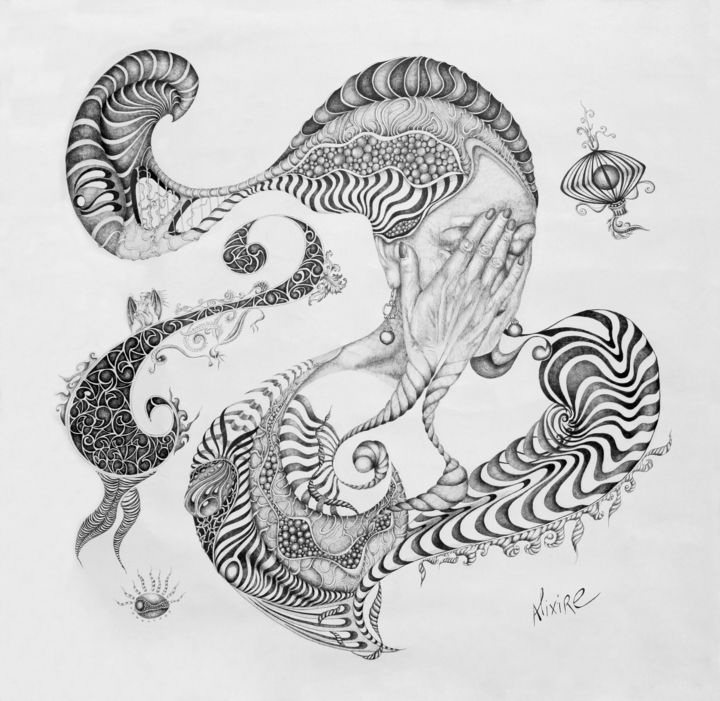 Dessin intitulée "Elle seule et rien…" par Alixire, Œuvre d'art originale, Stylo à bille