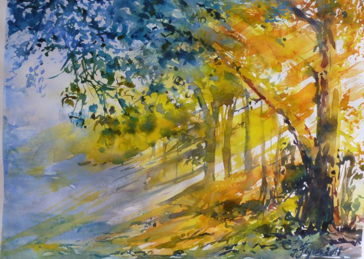 Peinture intitulée "SOUS-BOIS illuminé…" par Pierre Feyeux, Œuvre d'art originale, Aquarelle