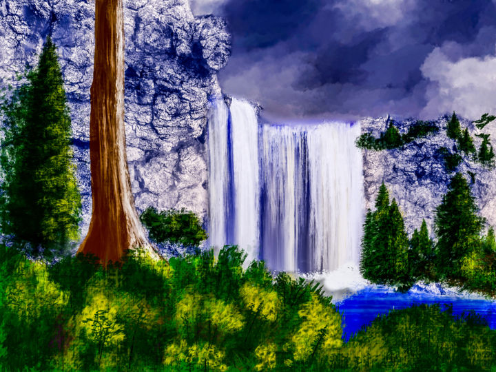 Digitale Kunst mit dem Titel "Waterfall in the Mo…" von Keep Magic, Original-Kunstwerk, Digitale Malerei