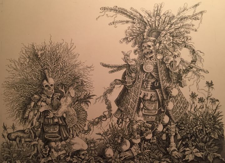 Printmaking titled "Miktlantekutli" by Sergey Azarnov, Original Artwork, Lithography