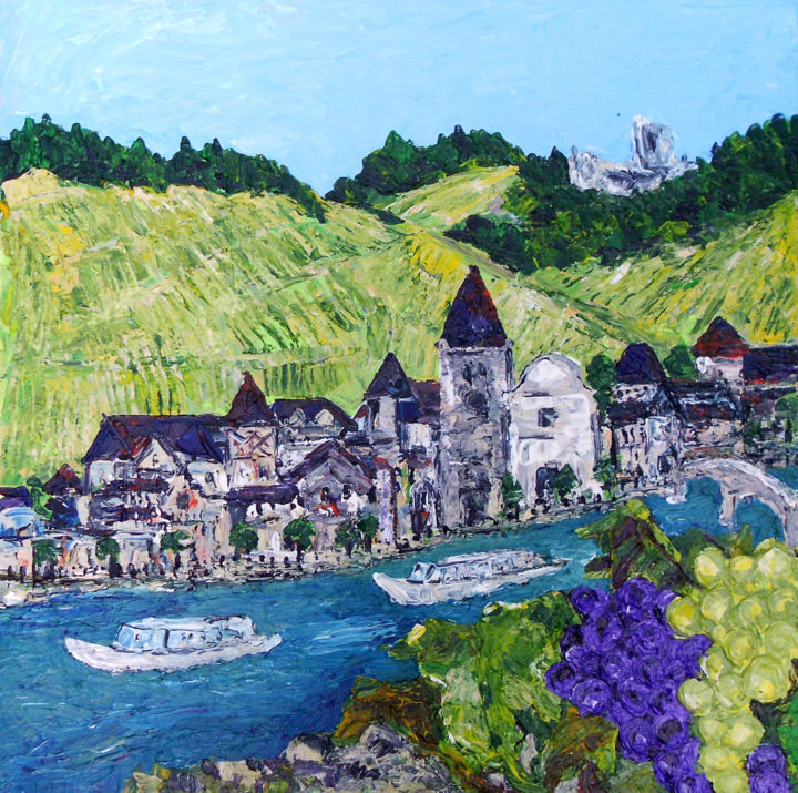 Peinture intitulée "MOSELLE ET VIGNES A…" par Nicodi, Œuvre d'art originale, Acrylique