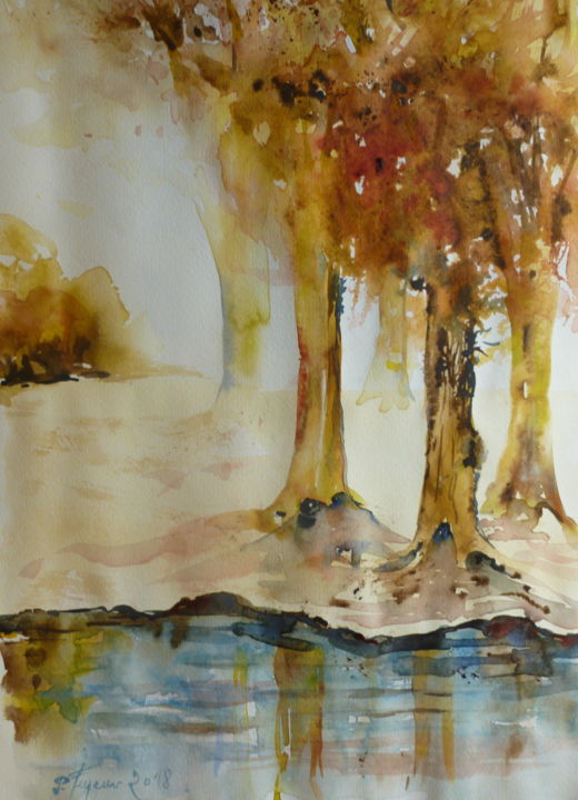 Peinture intitulée "Arbres en automne a…" par Pierre Feyeux, Œuvre d'art originale, Aquarelle