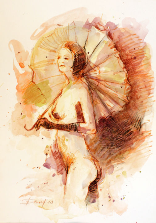 Akt 853 Aktmalerei Frauenakt mit Sonnenschirm 30x42cm 图画, 16.5x11.7 in