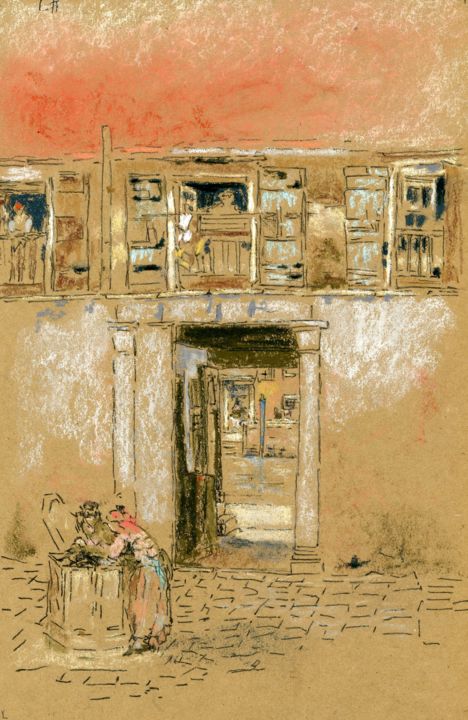 Painting titled "Courtyard-and-Canal" by Jim Fischer, Original Artwork, Pastel