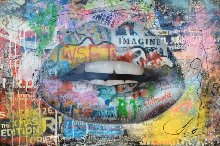Collages titled "Kiss Me Please" by Adriano Cuencas, Original Artwork, Acrylic