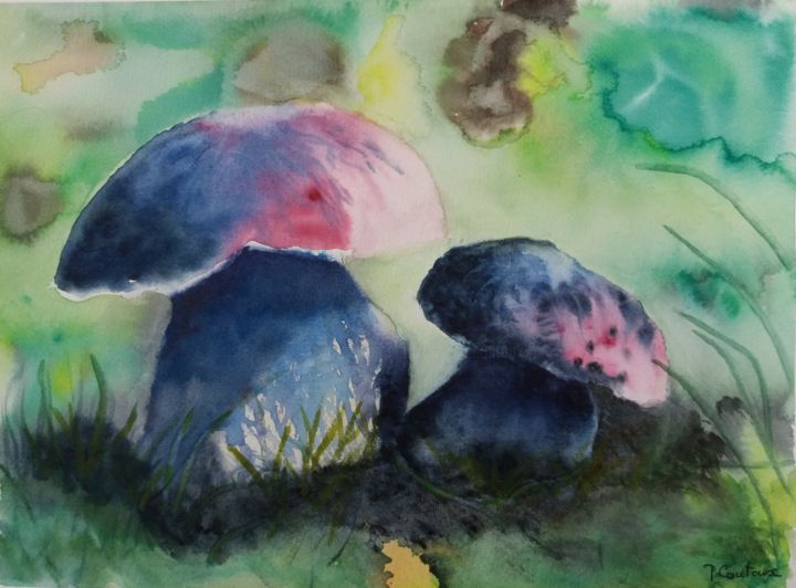 Painting titled "champignons" by Pascale Coutoux, Original Artwork, Watercolor