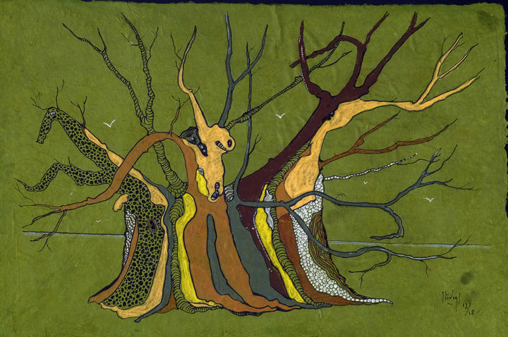 Peinture intitulée "En-famille-les-arbr…" par Hélène Stevens, Œuvre d'art originale